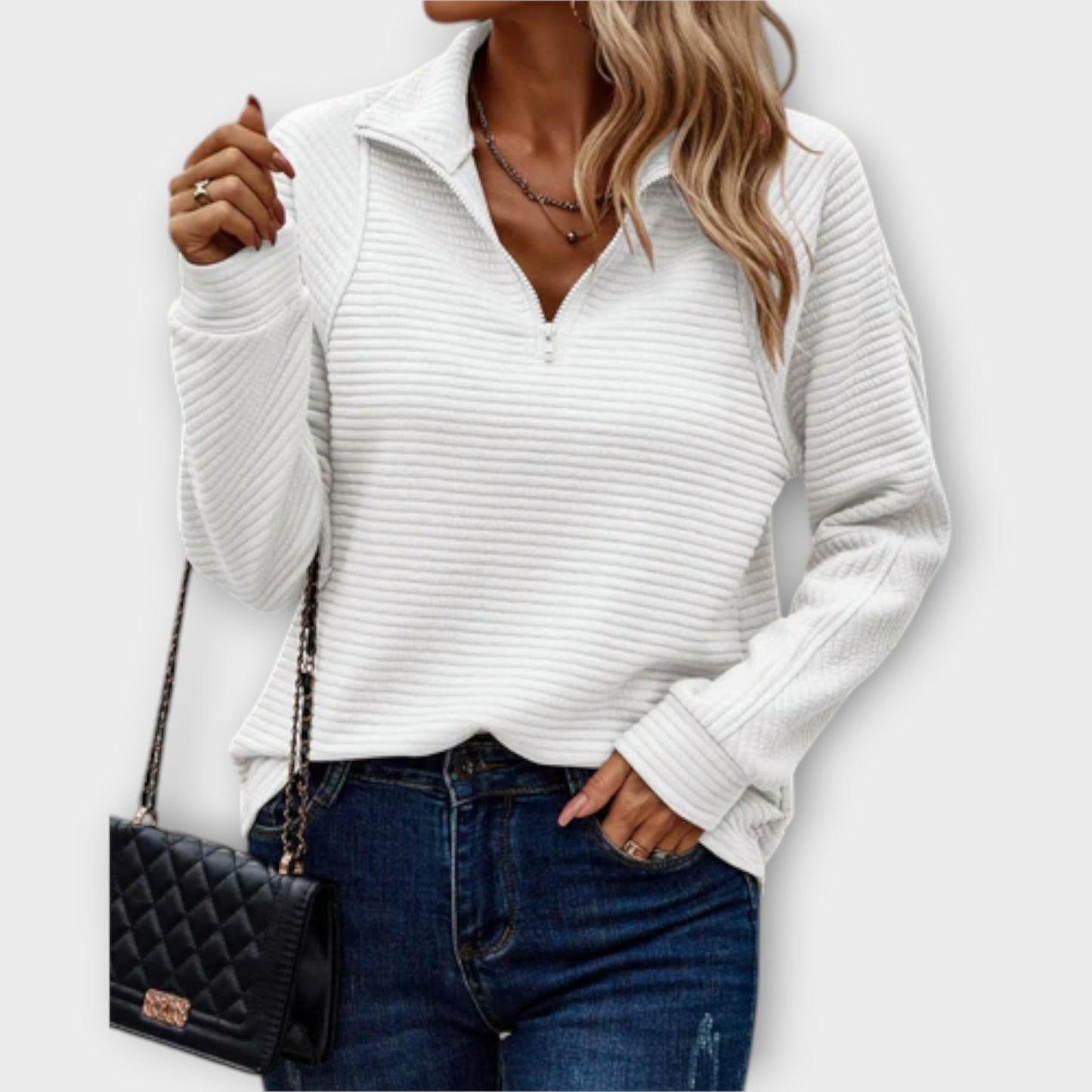Effortless Textured Knit Sweatshirt for Women with Quarter Zip Collar Long Sleeve Oversized Sweaters Style