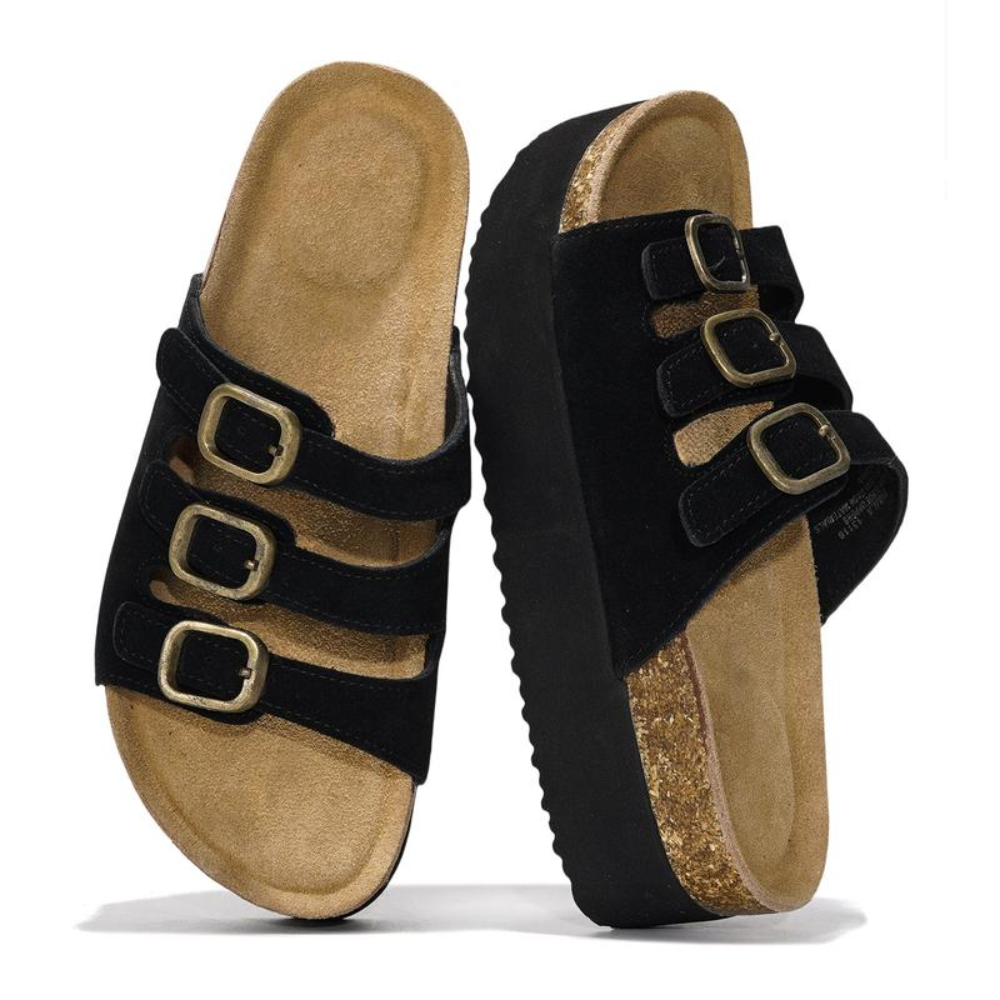 Comfortable Platform Sandals for Women with Triple Buckle Strap Cork Footbed Slide Style
