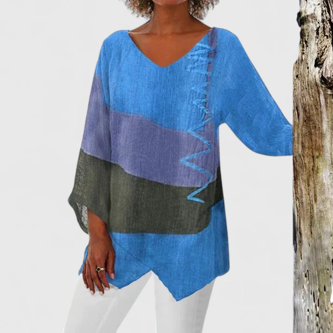 Effortless Colorblock Linen Tunic for Women with V Neck Dolman Sleeve Asymmetrical Hem Casual Style