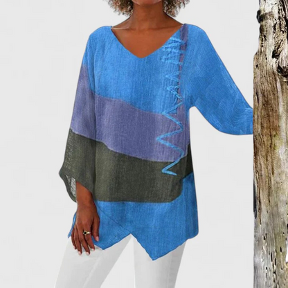 Effortless Colorblock Linen Tunic for Women with V Neck Dolman Sleeve Asymmetrical Hem Casual Style