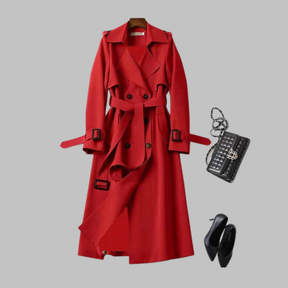 Elegant Double Breasted Trench Coat for Women with Notched Lapel Long Sleeve Belted Flowing Style