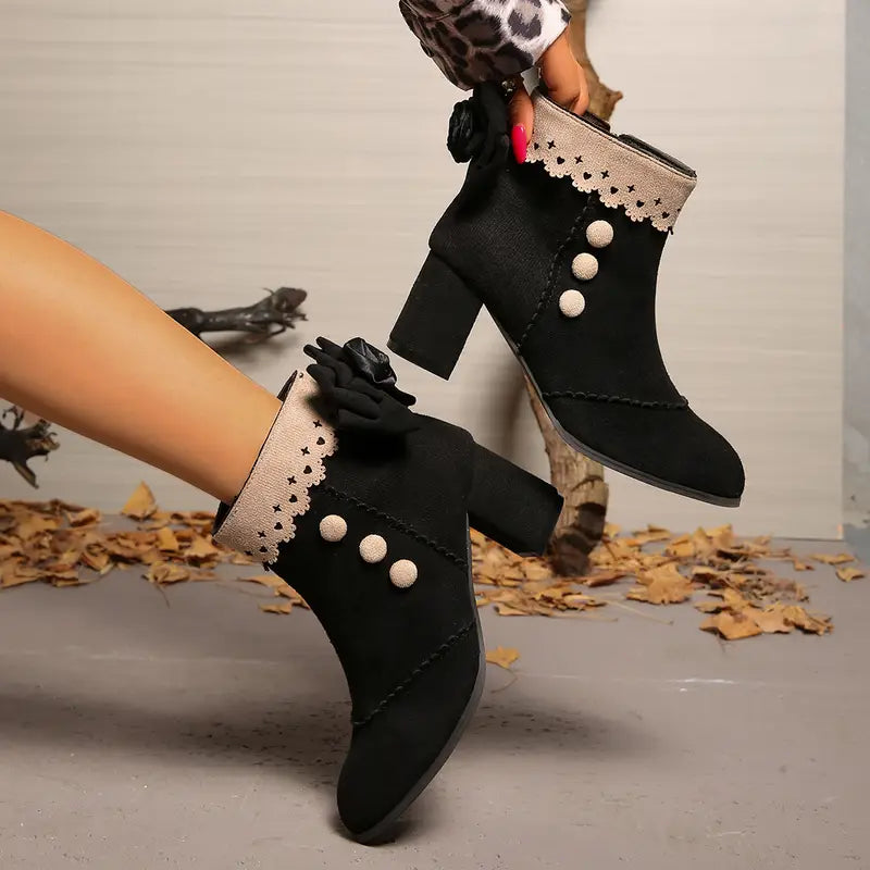 Comfortable Black Boots for Women with Bow Detail Pearl Trim Block Heel Ankle Style