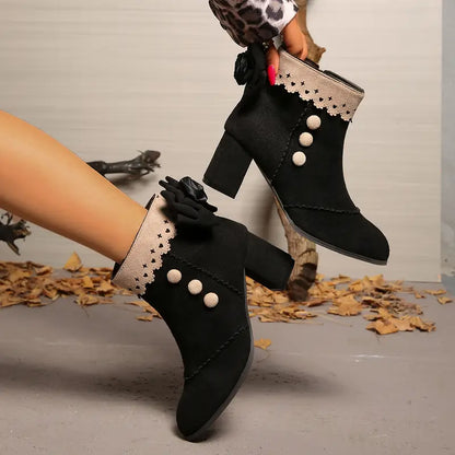 Comfortable Black Boots for Women with Bow Detail Pearl Trim Block Heel Ankle Style