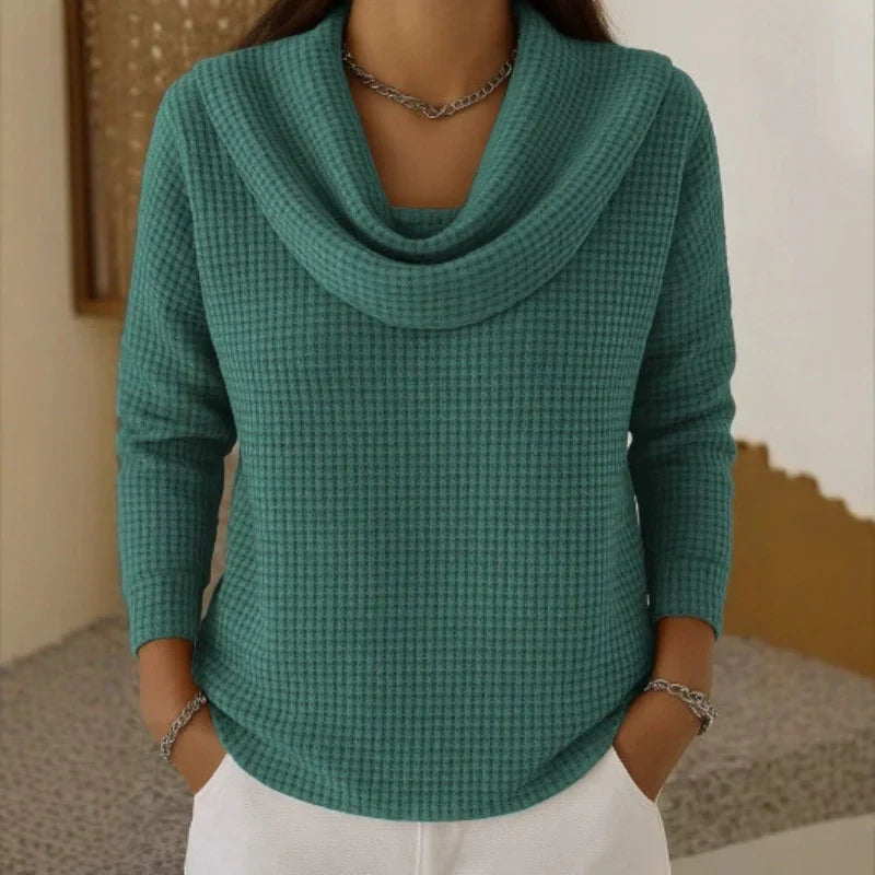 Comfortable Waffle Knit Sweater for Women with Cowl Neck Long Sleeve Relaxed Oversized Style