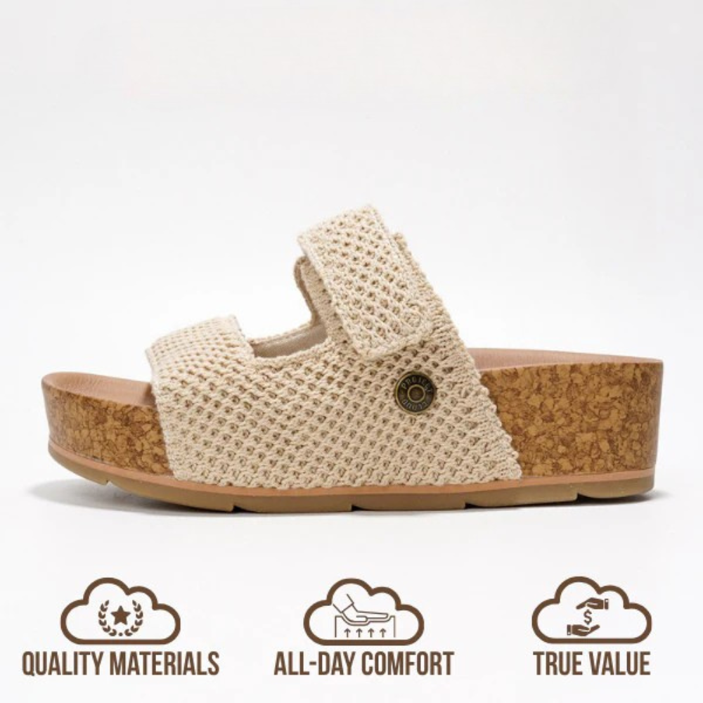 Comfortable Slide Sandals for Women with Woven Double Strap Cork Platform Open Toe Style