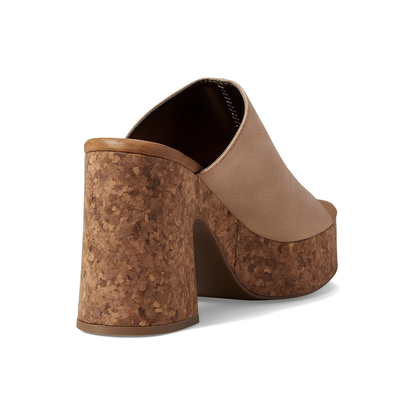 Comfortable Mules Heels for Women with Wide Band Cork Platform Block Heel Open Toe Style