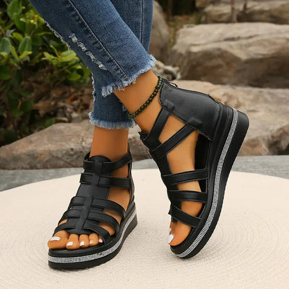 Comfortable Gladiator Sandals for Women with Caged Strap Espadrille Platform Zip Back Wedge Style