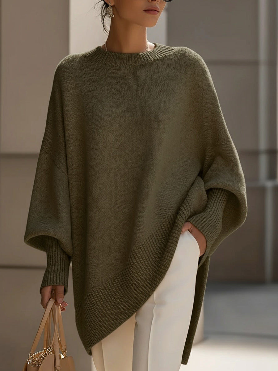 Comfortable Ribbed Trim Oversized Sweater for Women with Crew Neck Batwing Sleeve Asymmetric Hem Knit Style
