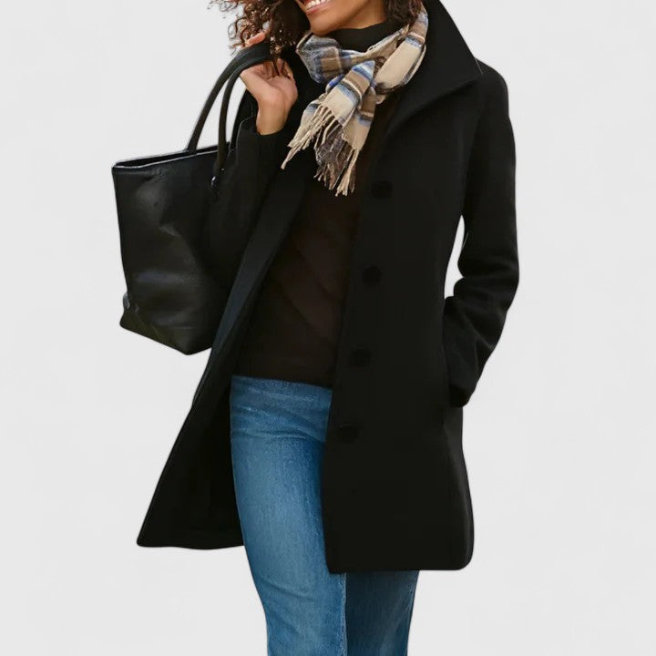 Elegant Wool Pea Coat for Women with Notch Collar Long Sleeve Button Front Longline Casual Style