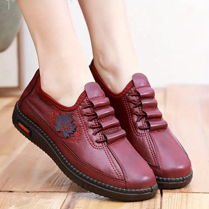 Comfortable Lace Up Shoes for Women with Embossed Floral Panel Soft Sole Slip Resistant Flat Style