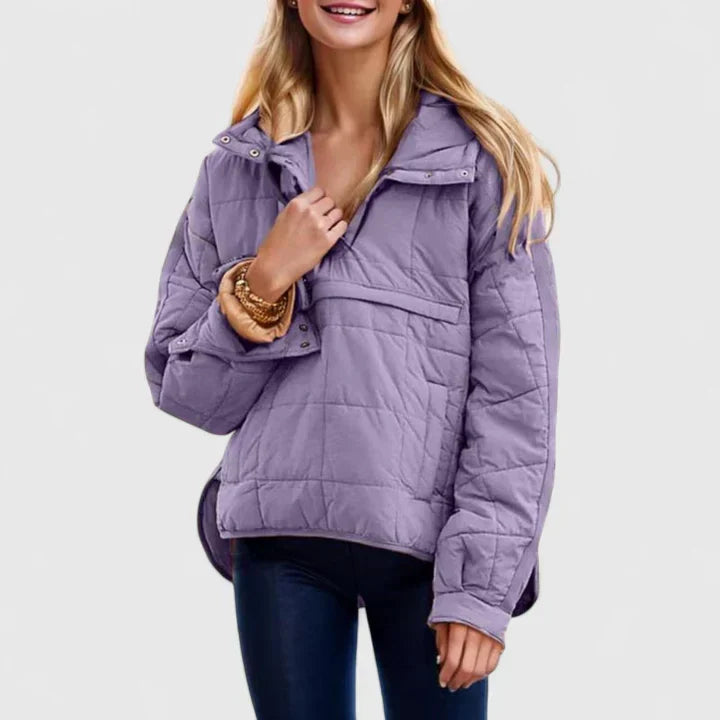 Comfortable Quilted Puffer Jacket for Women with Hooded Long Sleeve Snap Front Oversized Style