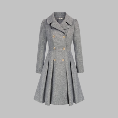 Elegant Wool Coat for Women with Notched Lapel Long Sleeve Double Breasted Pleated Flare Style