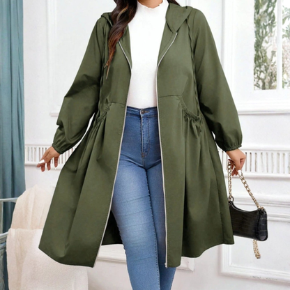 Effortless Hooded Longline Trench Coat for Women with Zip Front Long Sleeve Drawstring Waist Casual Style