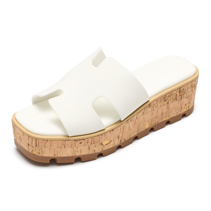 Comfortable Slide Sandals for Women with Cut Out Wide Strap Cork Platform Open Toe Style