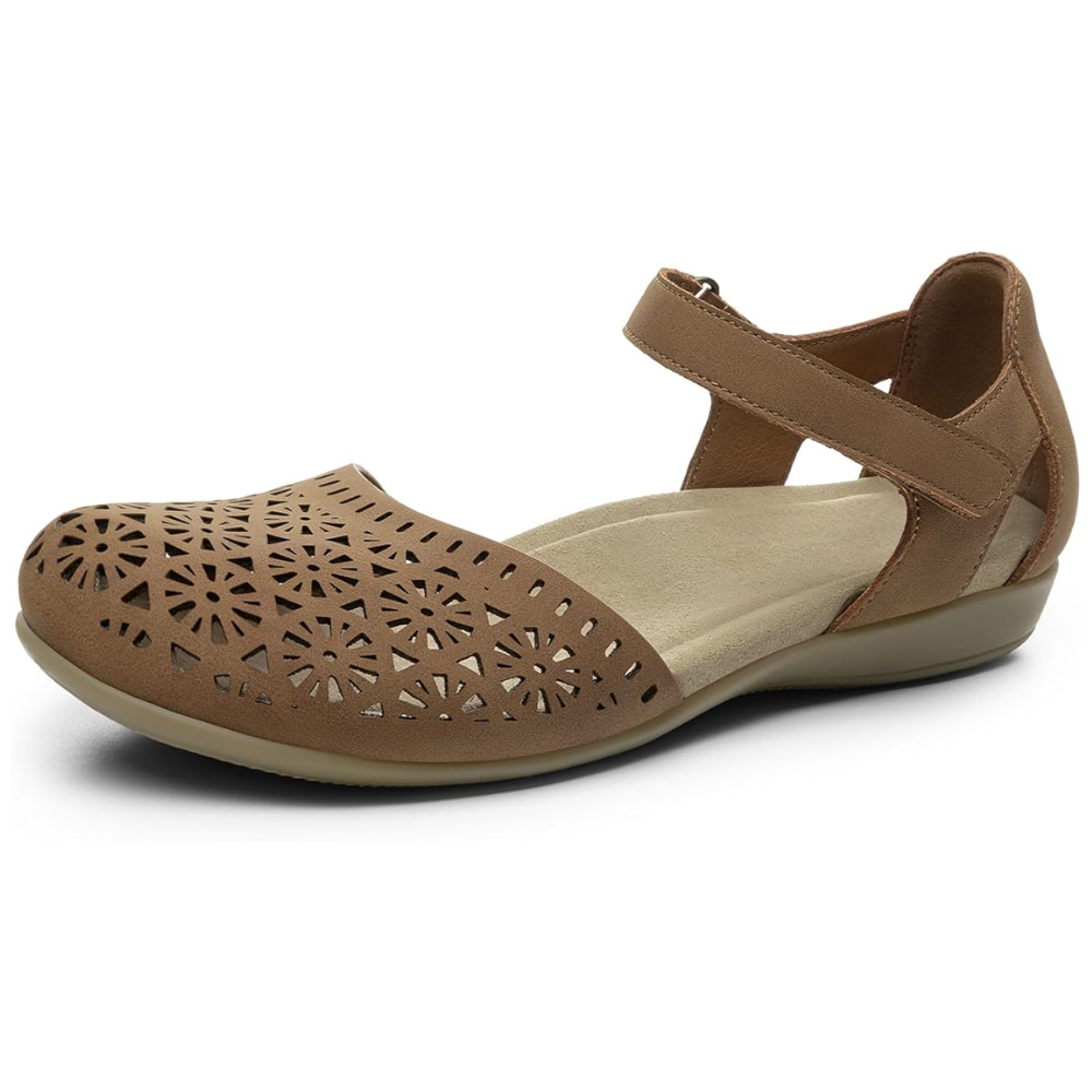 Comfortable Closed Toe Sandals for Women with Laser Cut Ankle Strap Cushioned Flat Style