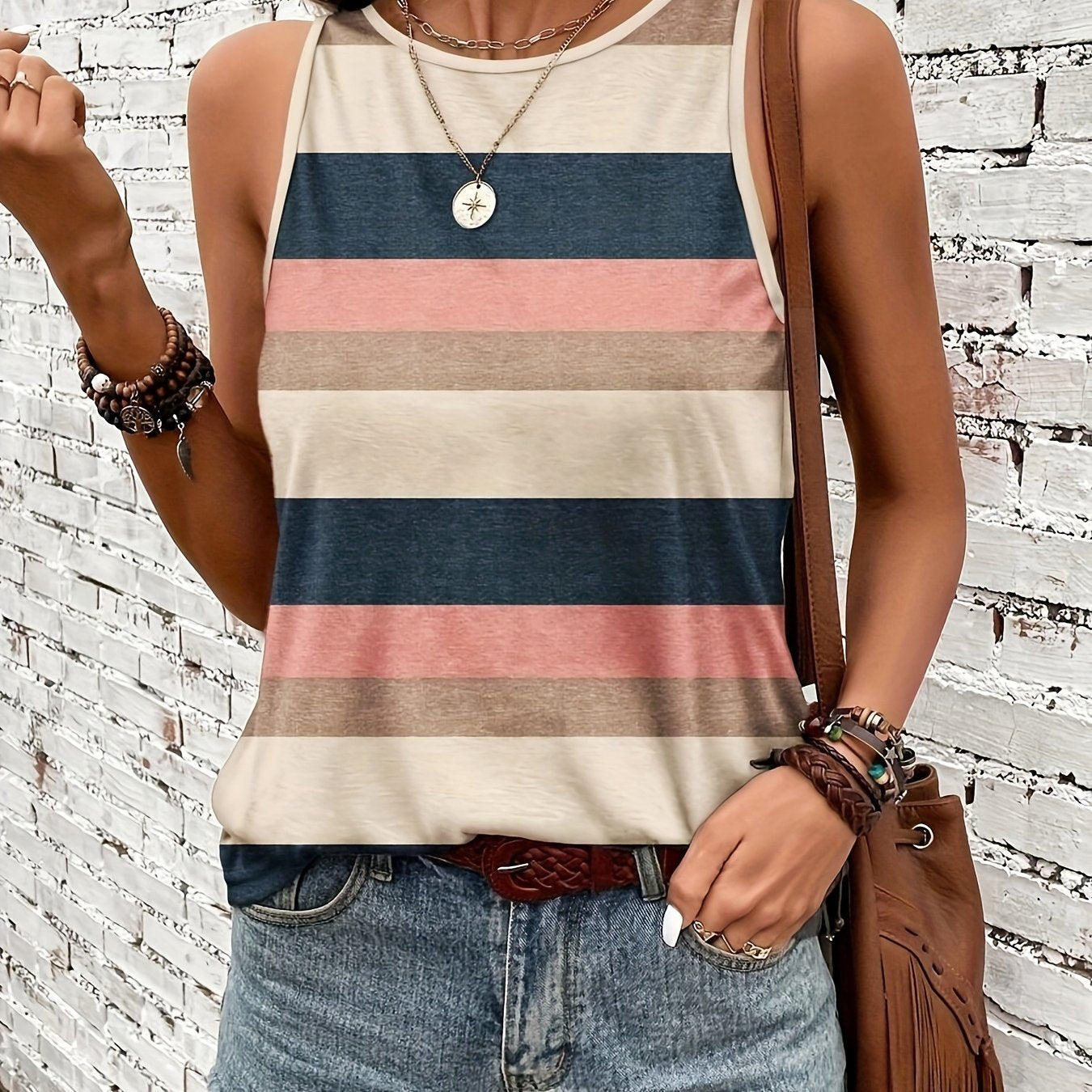 Effortless Striped Colorblock Tank for Women with Crew Neck Sleeveless Relaxed Boho Style