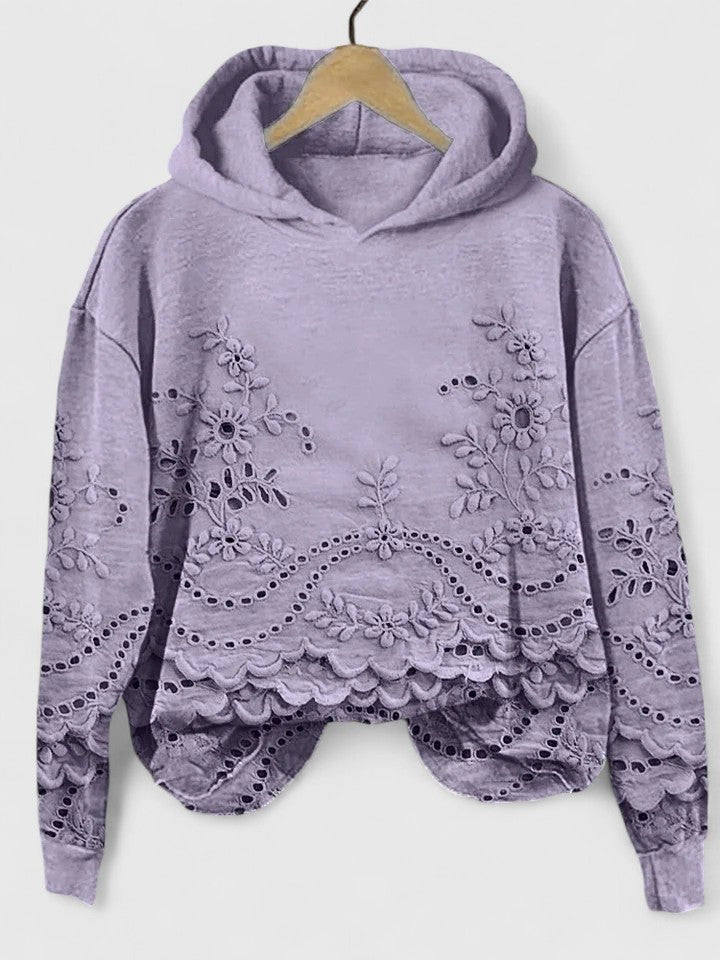 Comfortable Floral Eyelet Cropped Hoodie for Women with Hood Long Sleeve Scalloped High Low Hem Boho Style