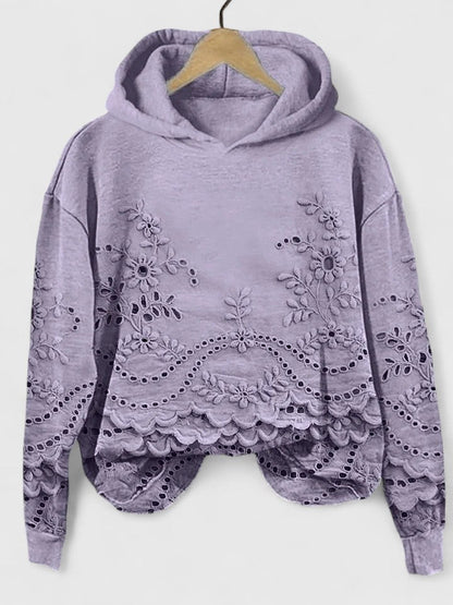 Comfortable Floral Eyelet Cropped Hoodie for Women with Hood Long Sleeve Scalloped High Low Hem Boho Style