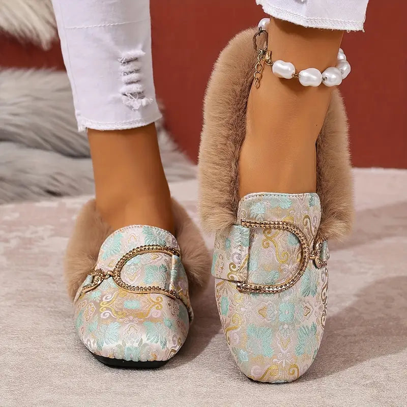 Comfortable Beige Mules for Women with Faux Fur Trim Buckle Detail Slip On Style