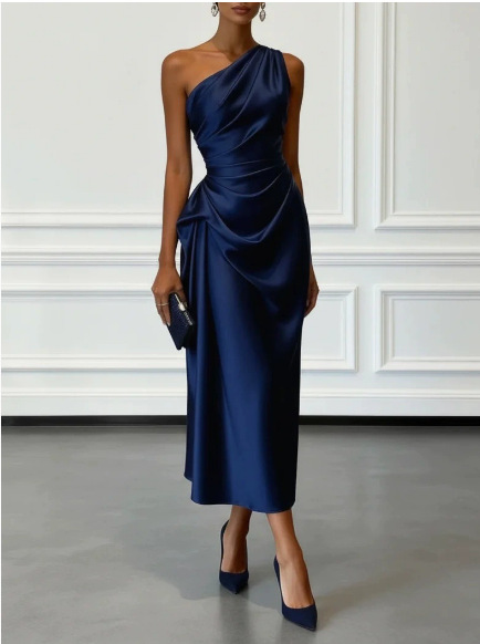 Elegant Satin Midi Dress for Women with One Shoulder Draped Ruched Column Formal Wedding Guest Style