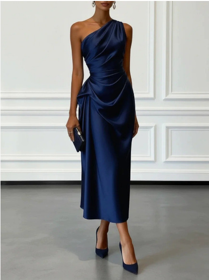 Elegant Satin Midi Dress for Women with One Shoulder Draped Ruched Column Formal Wedding Guest Style