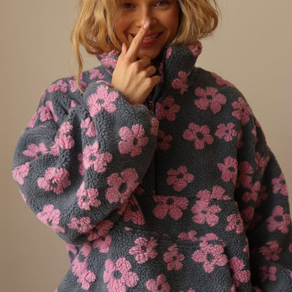 Effortless Floral Sherpa Jacket for Women with Collar Long Sleeve Half Zip Oversized Casual Style