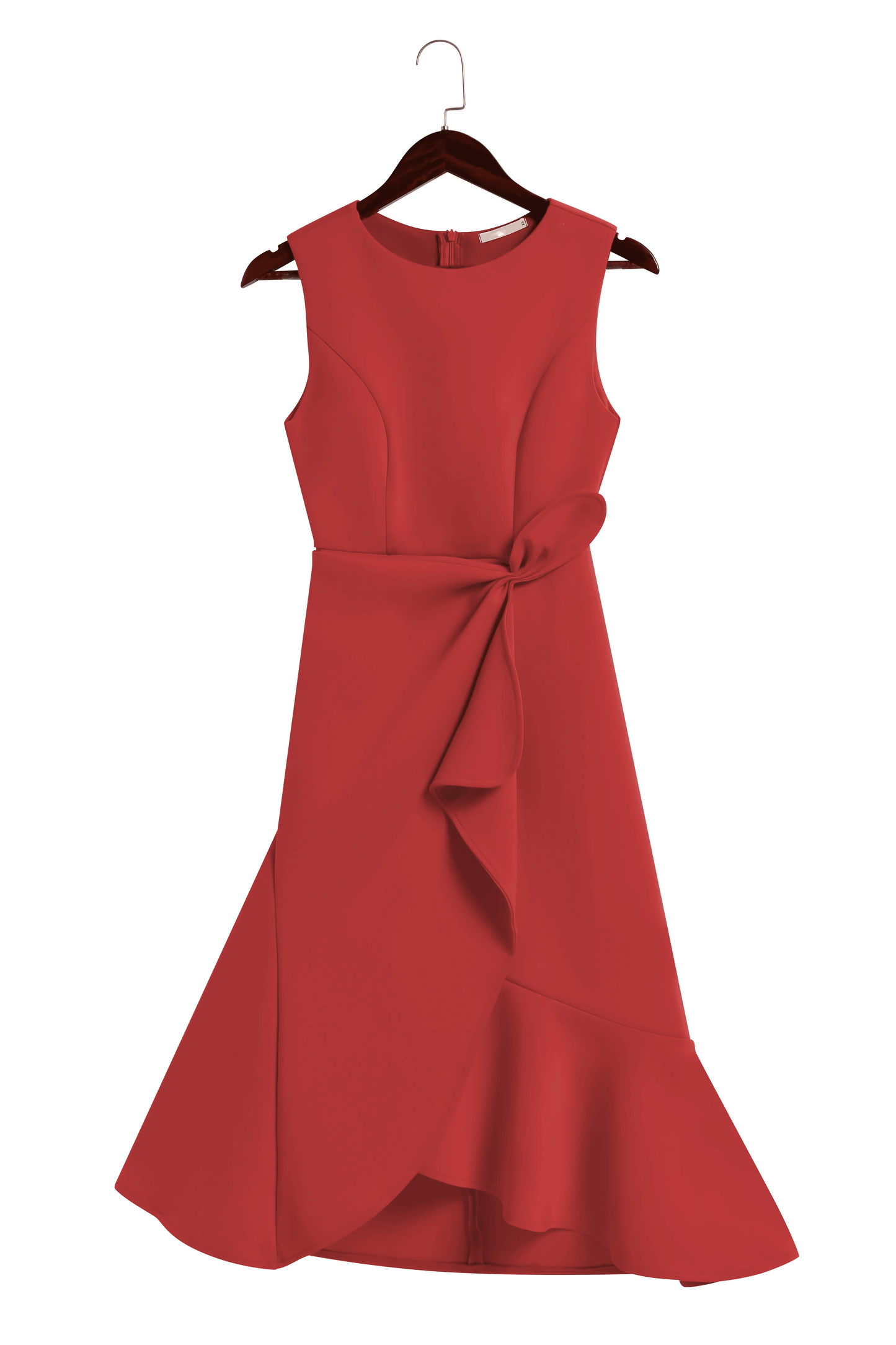 Elegant Draped Sheath Midi Dress for Women with Boat Neck Sleeveless Ruffle Hem Cocktail Style