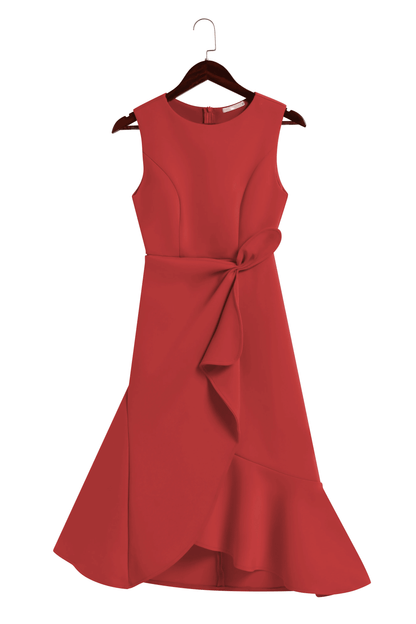 Elegant Draped Sheath Midi Dress for Women with Boat Neck Sleeveless Ruffle Hem Cocktail Style