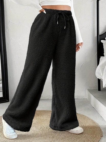 Comfortable Fuzzy Fleece Wide Leg Pants for Women with High Waist Drawstring Relaxed Casual Style