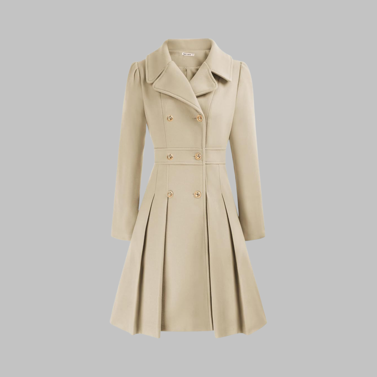 Elegant Wool Coat for Women with Notched Lapel Long Sleeve Double Breasted Pleated Flare Style