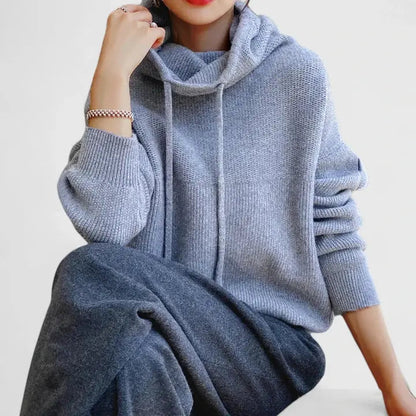 Comfortable Cowl Neck Sweater for Women with Drawstring Hood Long Sleeve Oversized Knit Style