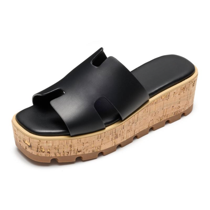 Comfortable Slide Sandals for Women with Cut Out Wide Strap Cork Platform Open Toe Style