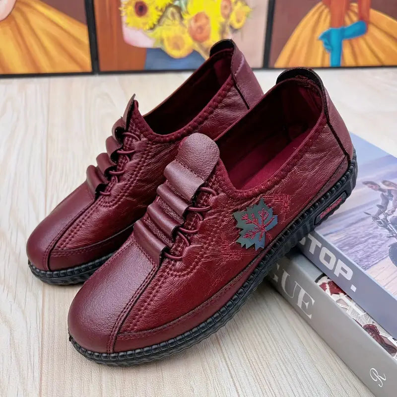 Comfortable Lace Up Shoes for Women with Embossed Floral Panel Soft Sole Slip Resistant Flat Style