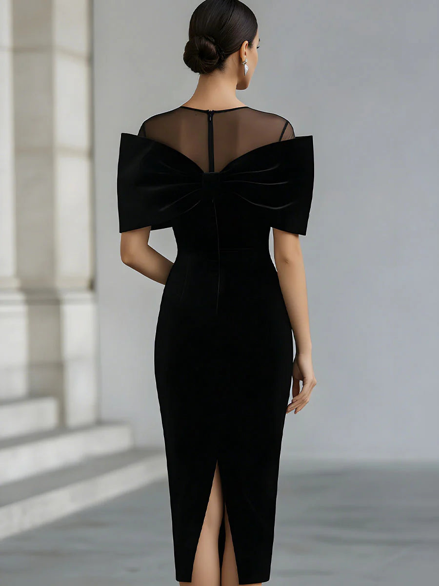 Elegant Black Velvet Midi Dress for Women with Illusion Neck Off Shoulder Bow Bodycon Cocktail Style