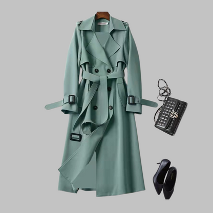 Elegant Double Breasted Trench Coat for Women with Notched Lapel Long Sleeve Belted Flowing Style