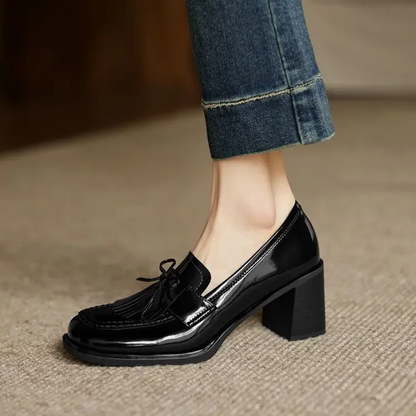 Elegant Patent Leather Tassel Loafer for Women with Round Toe Block Heel Chic Style