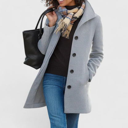 Elegant Wool Pea Coat for Women with Notch Collar Long Sleeve Button Front Longline Casual Style