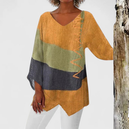Effortless Colorblock Linen Tunic for Women with V Neck Dolman Sleeve Asymmetrical Hem Casual Style