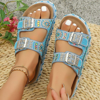 Comfortable Slide Sandals for Women with Printed Double Buckle Strap Platform Open Toe Style