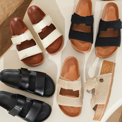 Comfortable Slide Sandals for Women with Woven Double Strap Cork Platform Open Toe Style
