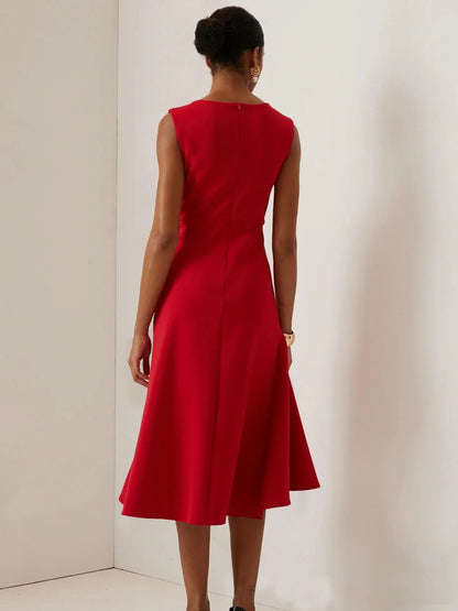 Elegant Draped Sheath Midi Dress for Women with Boat Neck Sleeveless Ruffle Hem Cocktail Style