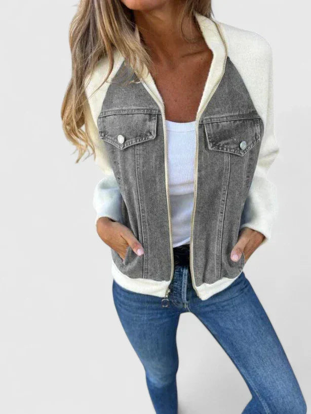 Effortless Denim Jacket for Women with Zip Front Raglan Sleeve Colorblock Casual Style