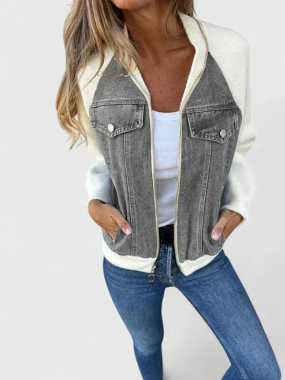 Effortless Denim Jacket for Women with Zip Front Raglan Sleeve Colorblock Casual Style
