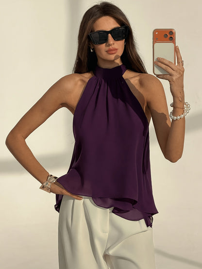 Elegant Purple Chiffon Blouse for Women with Halter Neck Sleeveless Flowing Silky Style