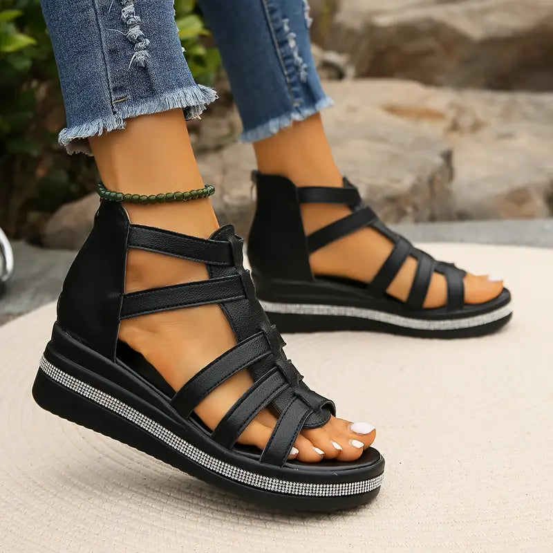 Comfortable Gladiator Sandals for Women with Caged Strap Espadrille Platform Zip Back Wedge Style