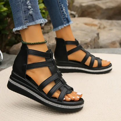 Comfortable Gladiator Sandals for Women with Caged Strap Espadrille Platform Zip Back Wedge Style