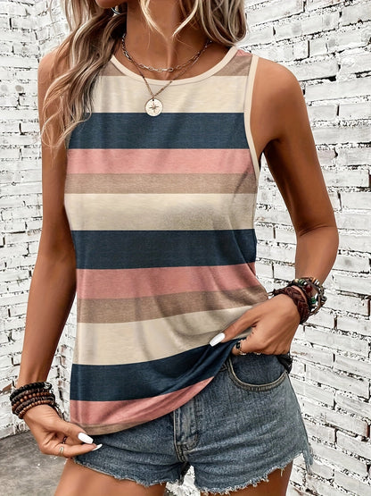 Effortless Striped Colorblock Tank for Women with Crew Neck Sleeveless Relaxed Boho Style