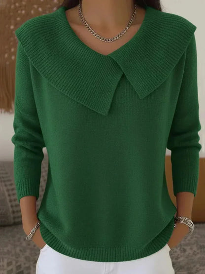 Comfortable Foldover Collar Sweater for Women with V Neck Long Sleeve Relaxed Knit Style