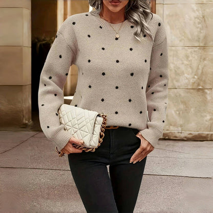 Comfortable Polka Dot Sweater for Women with Round Neck Long Sleeve Relaxed Oversized Knit Style