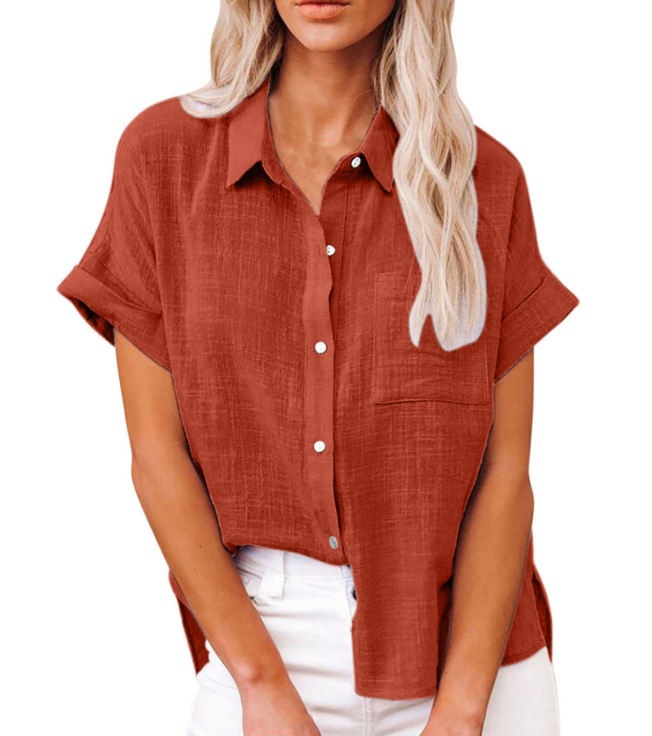 Effortless Linen Blouse for Women with Collar Short Sleeve Chest Pocket Relaxed Style